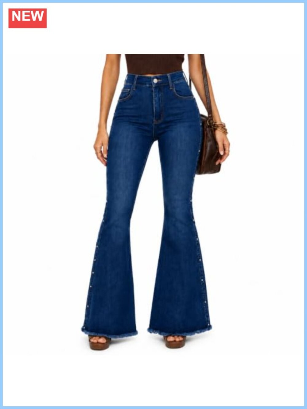 High Waisted Bell Bottom Jeans Stretch Frayed Hem Denim